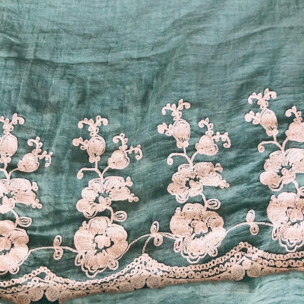 Teal Green Circular Cotton Scarf With Embroidery - Picture 3 of 4